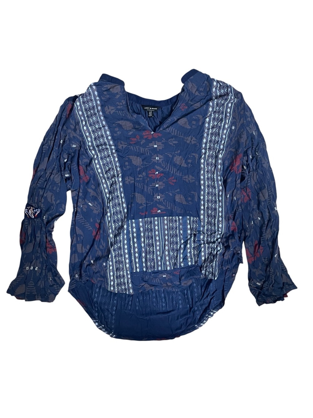 Lucky Brand Blue Floral Embroidered Button Blouse Long Sleeve Women Size L